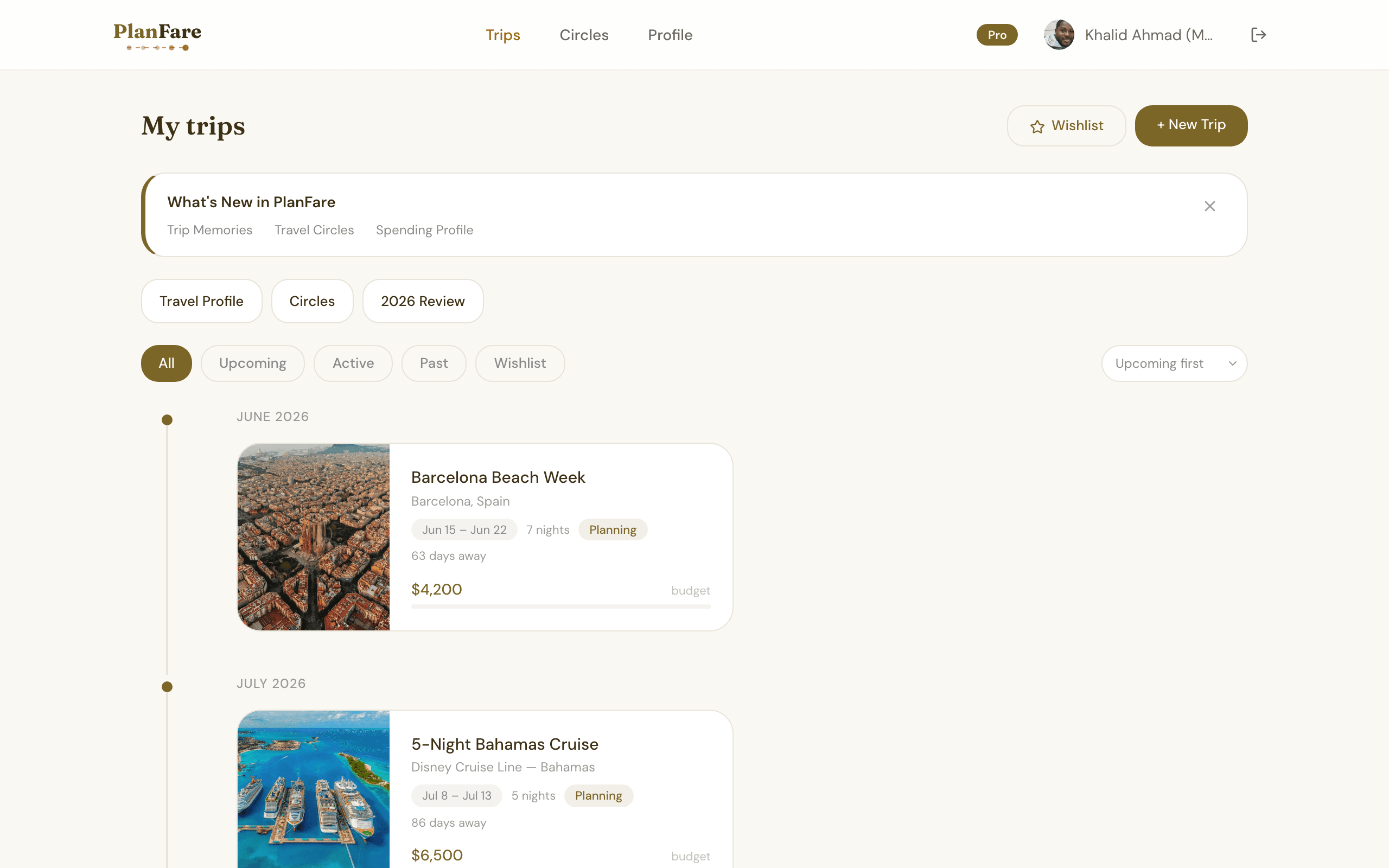 PlanFare dashboard showing trip list with Barcelona, Disney Cruise, and Cancún trips