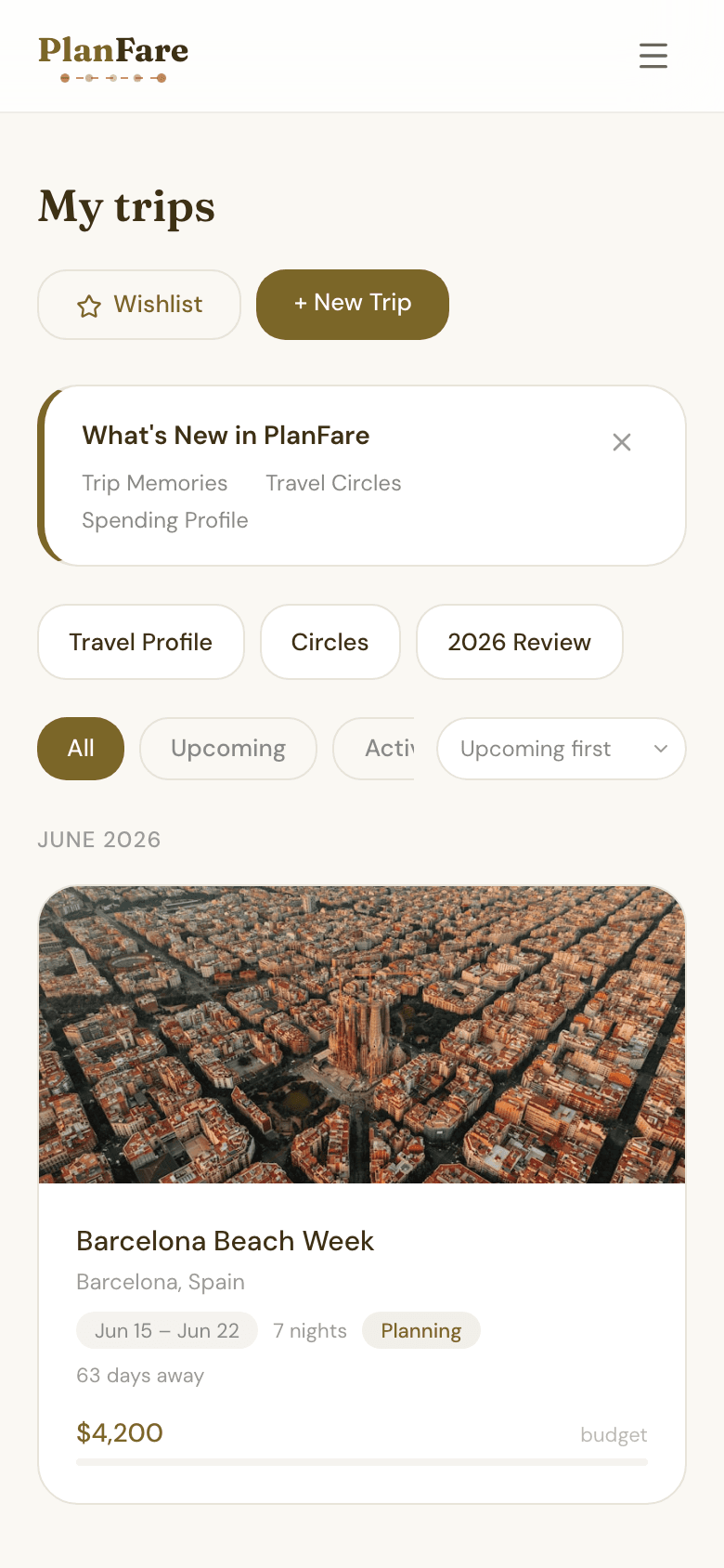 PlanFare mobile dashboard
